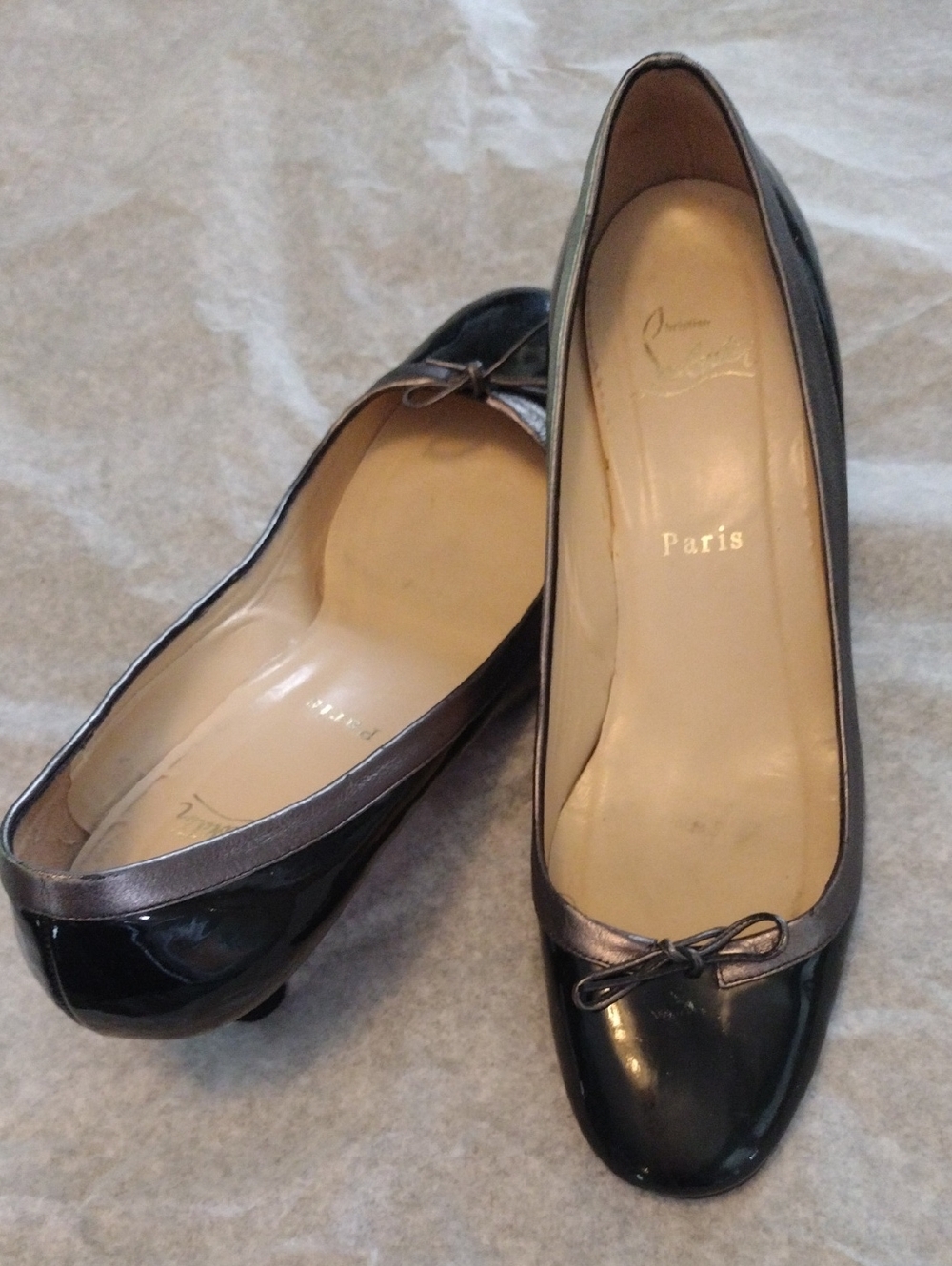 Christian Louboutin Black Patent Ballet Kitten Heels with Metallic Gray Trim 39